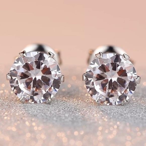 925 Silver 7.5MM Round 2 Carat Diamond Earrings - Picture 4 of 5